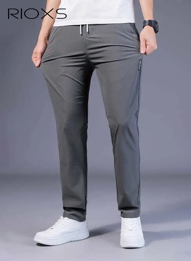 ريوكس 2 قطعة من بنطلونات الصيف الرجالية المصنوعة من الحرير المثلج، بنطلونات رياضية قابلة للتنفس وسريعة الجفاف مع حزام خصر مطاطي وجيوب،  بنطلونات كاجوال ضيقة بساق مستقيمة مع إغلاق برباط، بنطلونات رياضية مطاطية للخارج لكرة القدم والجري والتمارين الرياضية والتنقل والارتداء اليومي،  أسود + رمادي - Image 5