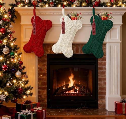Galetcy Bone Shaped Dog Christmas Stockings 3 Pack Cable Knit Xmas Stockings Personalized with Name Tag Hanging Pet Stockings for Dogs Cats - Image 3
