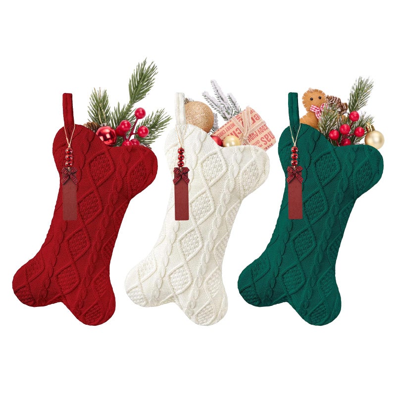 Galetcy Bone Shaped Dog Christmas Stockings 3 Pack Cable Knit Xmas Stockings Personalized with Name Tag Hanging Pet Stockings for Dogs Cats - Image 2