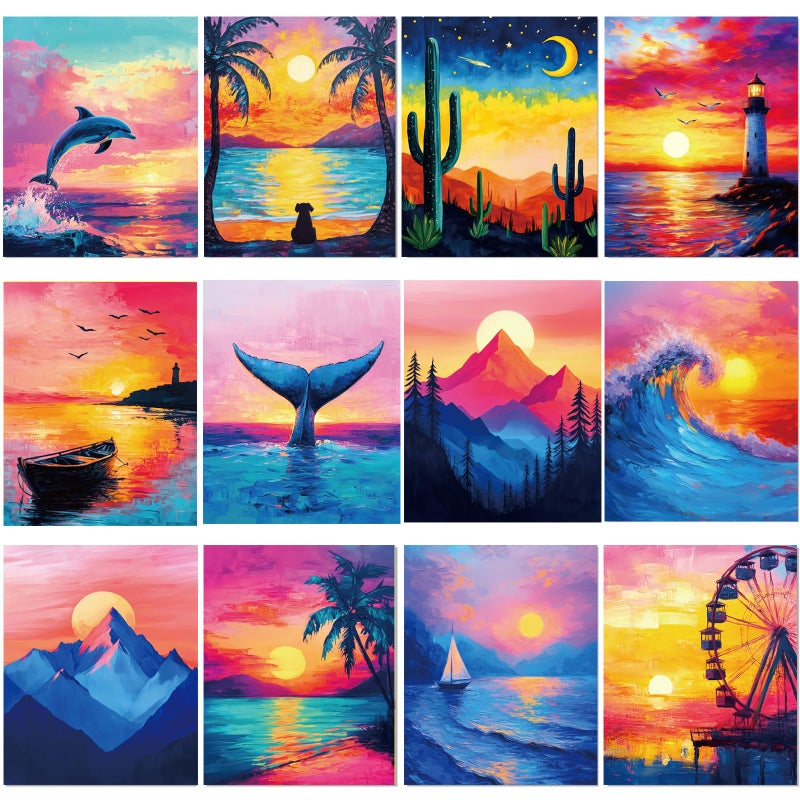 Sherr 12 Pcs Pre Drawn Canvas Pre Printed Canvas Set for Adults Cute Printed to Paint Set Theme Painting for Summer Party Favor(Beautiful Scenery,8 x 10 Inch) - Image 1
