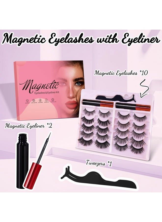 YUNINFANG [10 Pairs] Magnetic Eyelashes and Eyeliner Kit, Reusable Magnetic Lashes with Eyeliner and Tweezers, 3D Natural Look False Eyelashes (10 PAIRS) - Image 2