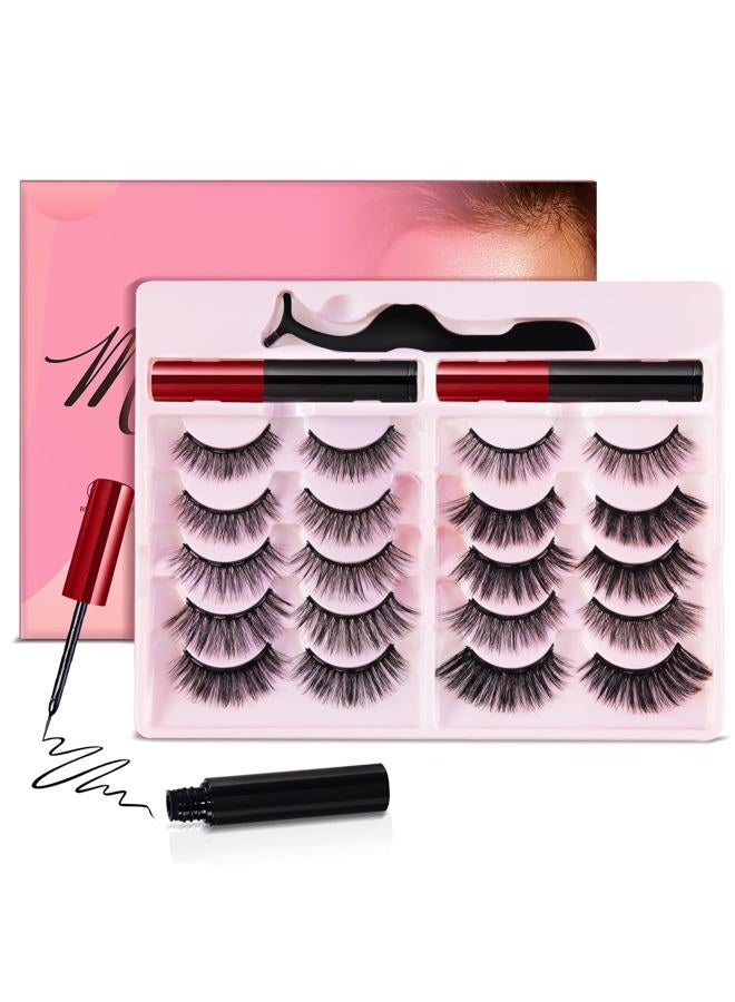 YUNINFANG [10 Pairs] Magnetic Eyelashes and Eyeliner Kit, Reusable Magnetic Lashes with Eyeliner and Tweezers, 3D Natural Look False Eyelashes (10 PAIRS) - Image 1