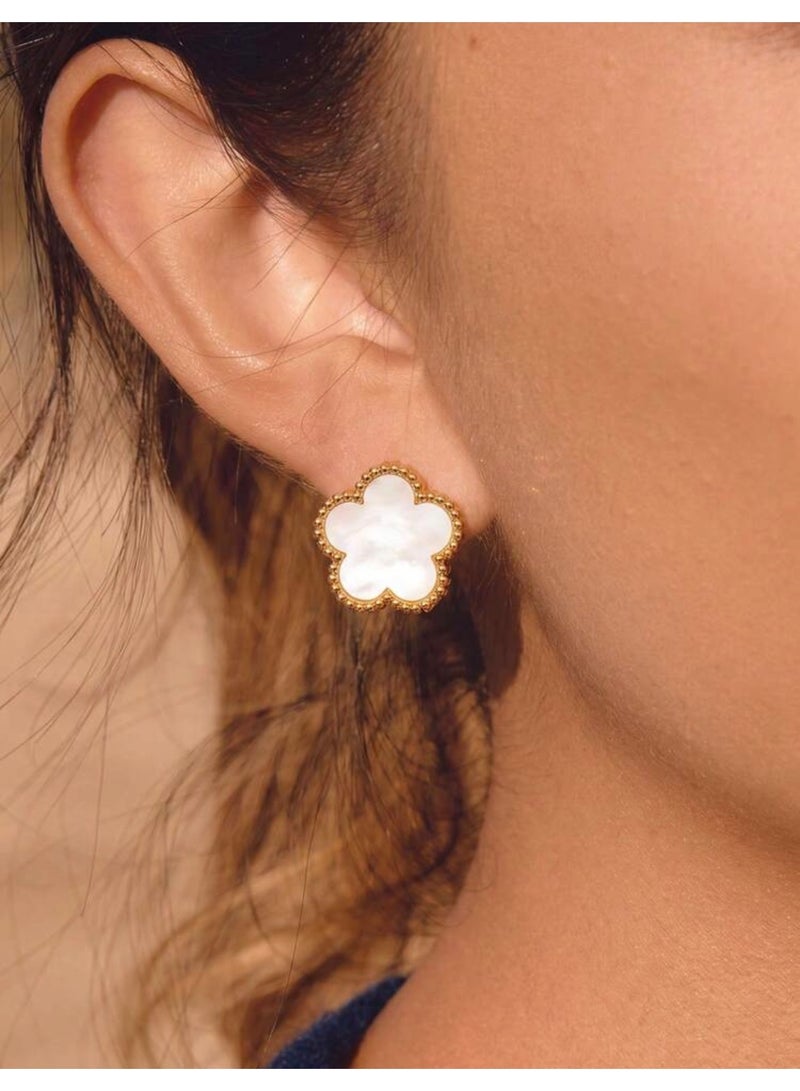 Shein Women's Stainless Steel White Clover Stud Earrings – Gold Tone – Tarnish & Rust Resistant – Elegant Fashion Jewelry - Image 1