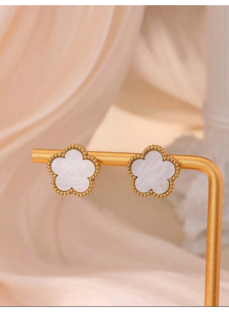 Shein Women's Stainless Steel White Clover Stud Earrings – Gold Tone – Tarnish & Rust Resistant – Elegant Fashion Jewelry - Image 2