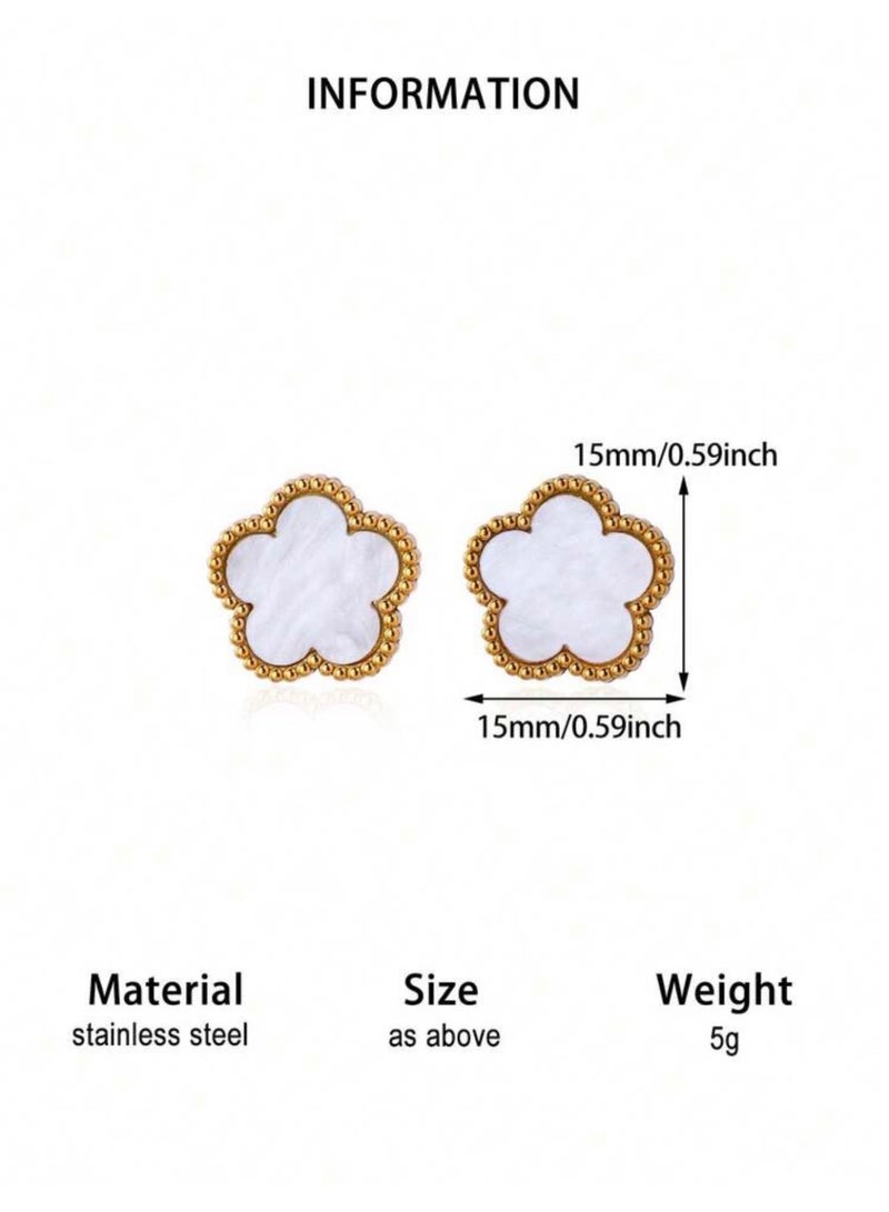 Shein Women's Stainless Steel White Clover Stud Earrings – Gold Tone – Tarnish & Rust Resistant – Elegant Fashion Jewelry - Image 3