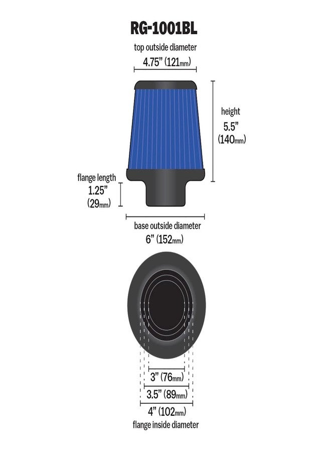 K&N Universal Clamp-On Air Filter: High Performance, Premium, Washable, Replacement Filter: Flange Diameter: 4 In, Filter Height: 5.5 In, Flange Length: 1.125 In, Shape: Round Tapered, Rg-1001Bl - Image 2