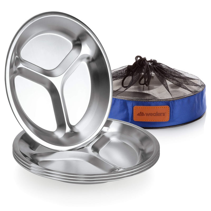 Stainless Steel Plate Set  Portable Dinnerware Set of 4 Round BPA Free Sectioned Plates with Mesh Travel Bag for Outdoor Camping  Hiking  Picnic  BBQ  Beach 98