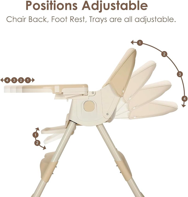 Bentifar High Chair for Babies and Toddlers, Foldable Baby High Chair with Adjustable Backrest, Double Removable Tray, Supports Up to 50KG, Easy to Clean (Khaki) - Image 3