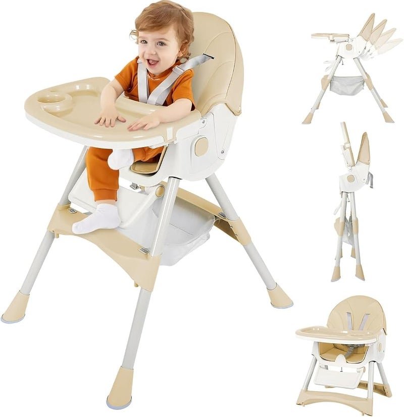 Bentifar High Chair for Babies and Toddlers, Foldable Baby High Chair with Adjustable Backrest, Double Removable Tray, Supports Up to 50KG, Easy to Clean (Khaki) - Image 1