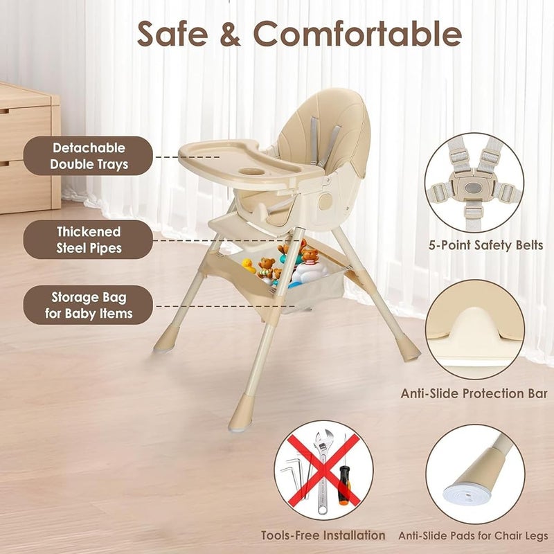 Bentifar High Chair for Babies and Toddlers, Foldable Baby High Chair with Adjustable Backrest, Double Removable Tray, Supports Up to 50KG, Easy to Clean (Khaki) - Image 5