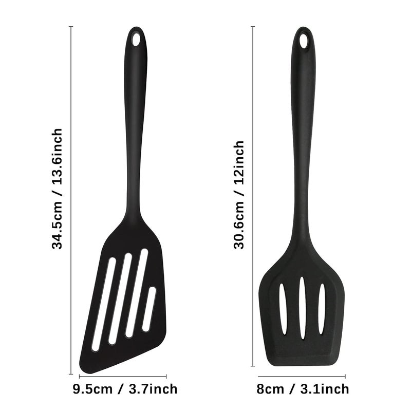 P Plus Fire Silicone nonstick spatulas Food Grade Slotted Turner Slotted Turner Spatula for for Fish Eggs Pancakes 34 cmPack of 2 Black - Image 2