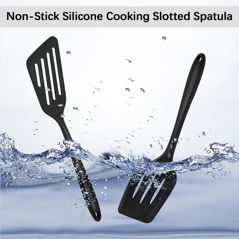 P Plus Fire Silicone nonstick spatulas Food Grade Slotted Turner Slotted Turner Spatula for for Fish Eggs Pancakes 34 cmPack of 2 Black - Image 4