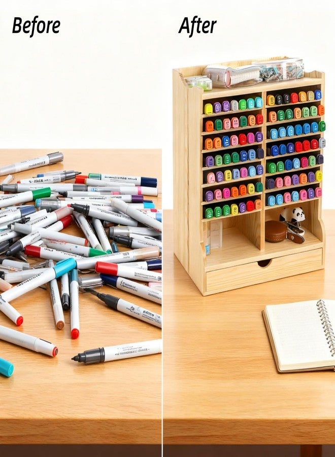 Dicunoy Wooden Marker Organizer Rack, Hold 98 Markers Holder with Drawer, Desktop Sturdy Art Supply Storage Caddy for Colored Pencils, Art Brushes, Home, Classroom, Office, No Assembly Required - Image 4
