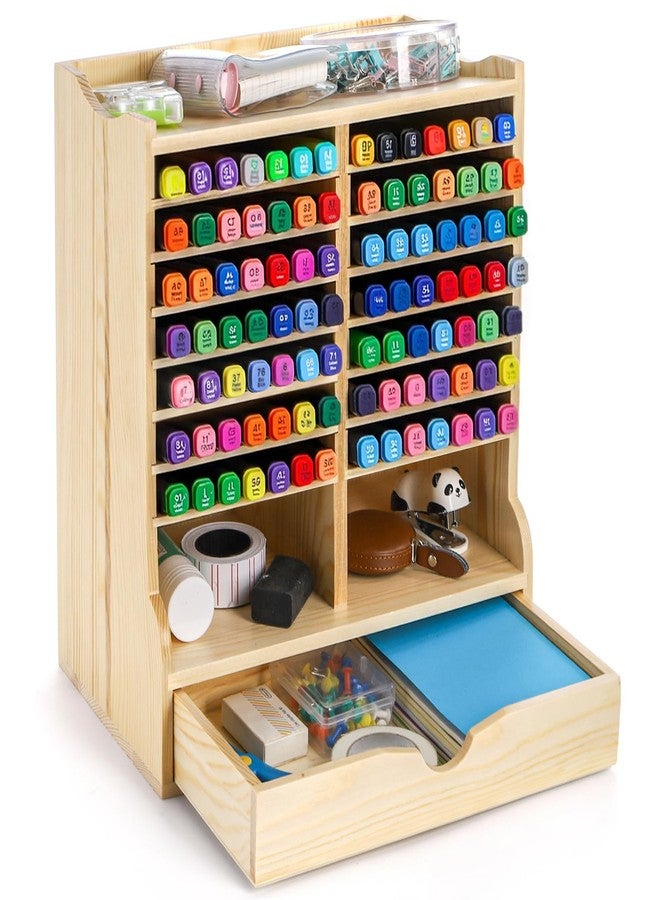Dicunoy Wooden Marker Organizer Rack, Hold 98 Markers Holder with Drawer, Desktop Sturdy Art Supply Storage Caddy for Colored Pencils, Art Brushes, Home, Classroom, Office, No Assembly Required - Image 1