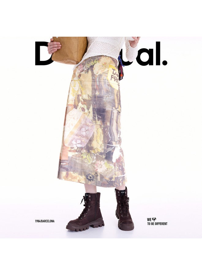 DESIGUAL [Spanish Fashion Luxury] 25 Autumn/Winter New Suede-Feel Hand-Painted Collage Print Straight Skirt - Image 4