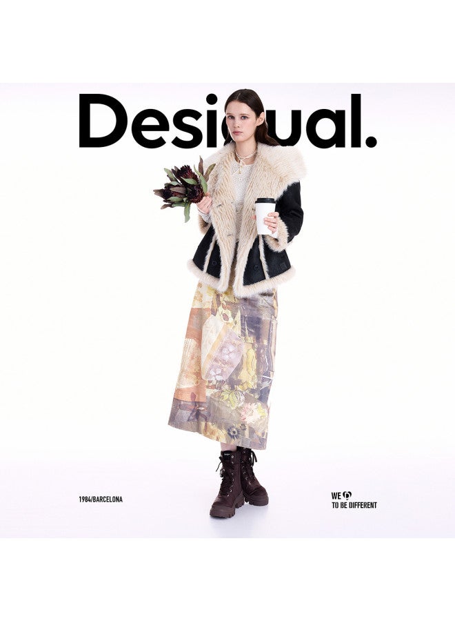 DESIGUAL [Spanish Fashion Luxury] 25 Autumn/Winter New Suede-Feel Hand-Painted Collage Print Straight Skirt - Image 3