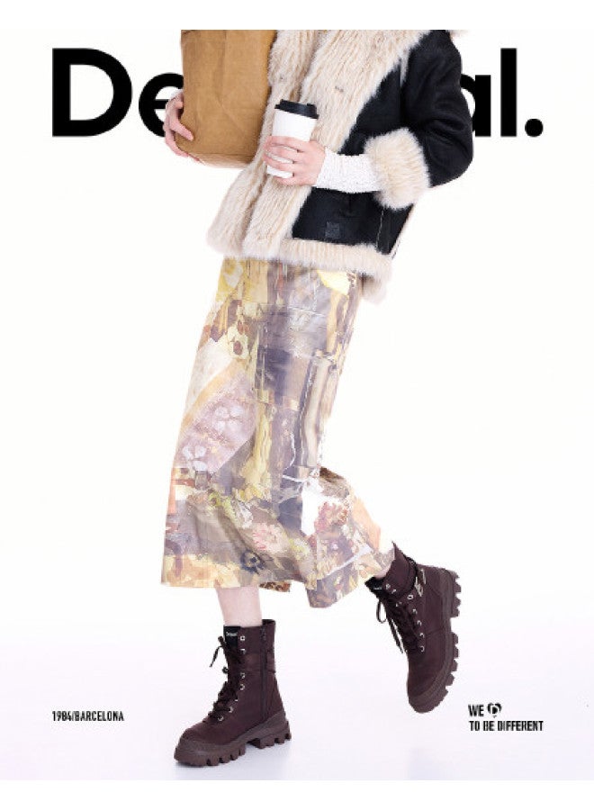 DESIGUAL [Spanish Fashion Luxury] 25 Autumn/Winter New Suede-Feel Hand-Painted Collage Print Straight Skirt - Image 1