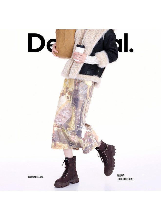 DESIGUAL [Spanish Fashion Luxury] 25 Autumn/Winter New Suede-Feel Hand-Painted Collage Print Straight Skirt - Image 2