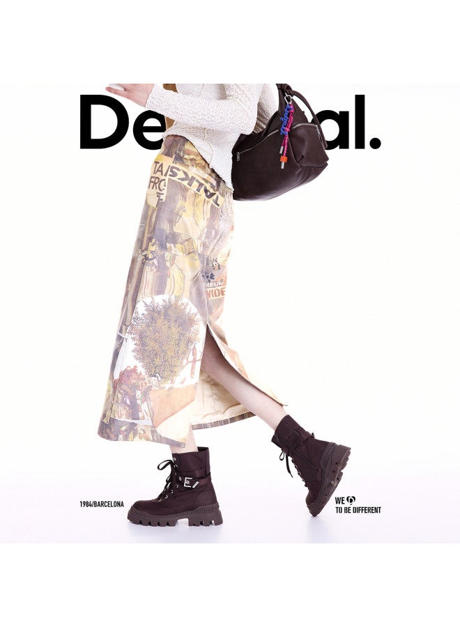 DESIGUAL [Spanish Fashion Luxury] 25 Autumn/Winter New Suede-Feel Hand-Painted Collage Print Straight Skirt - Image 5
