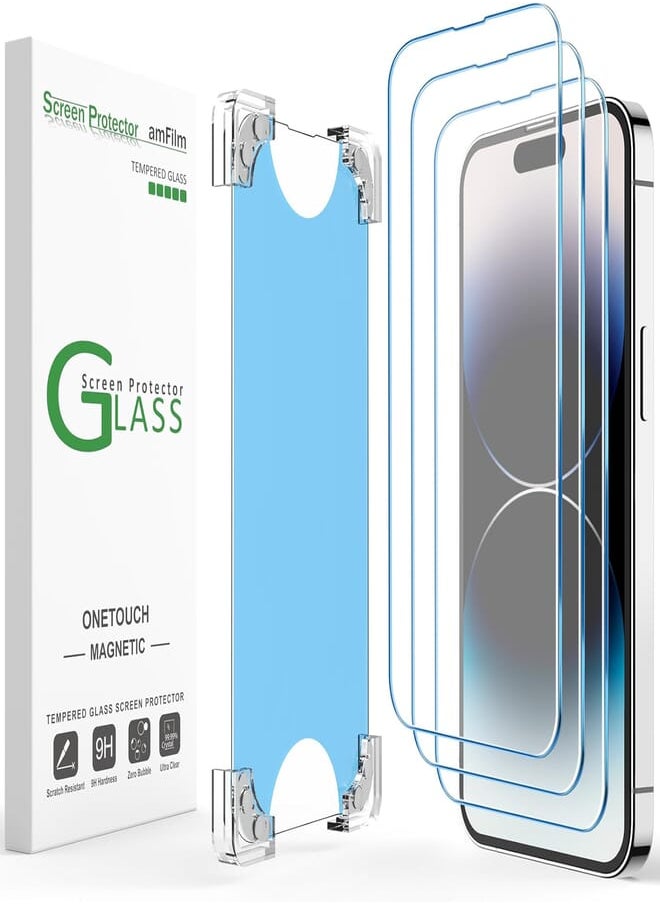 Amfilm amFilm 3 Pack Magnetic OneTouch Compatible with iPhone 14 Pro Max 6.7" Screen Protector Tempered Glass Edge to Edge Full Coverage with Easy Installation Kit (Magnetic & Reusable) 