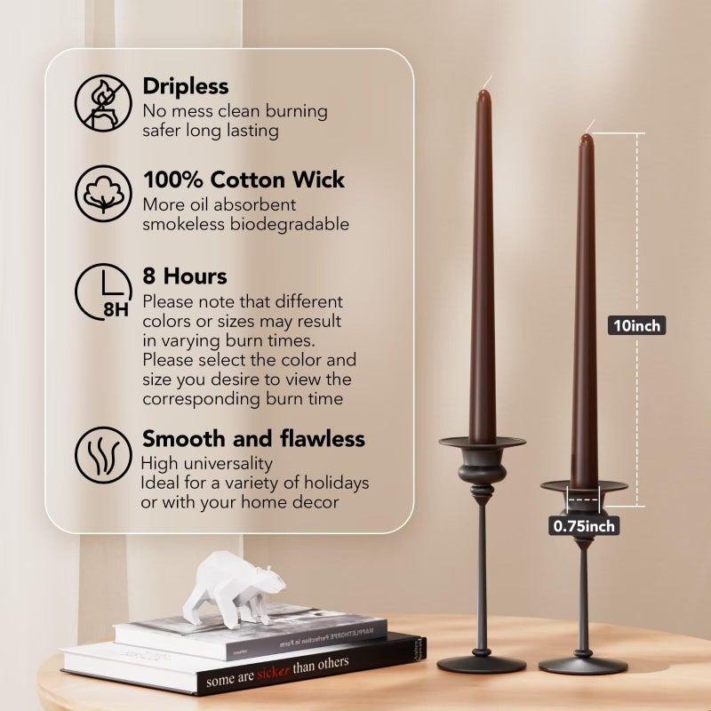 Pickood 10-Inch Tall Dripless Taper Candles Set Of 4 - Cocoa Brown Tapered Candles  Perfect For Spring - Smokeless  Unscented  Long Burning - Hand Poured  Colored Tall Candlesticks - Chocolates - Image 2