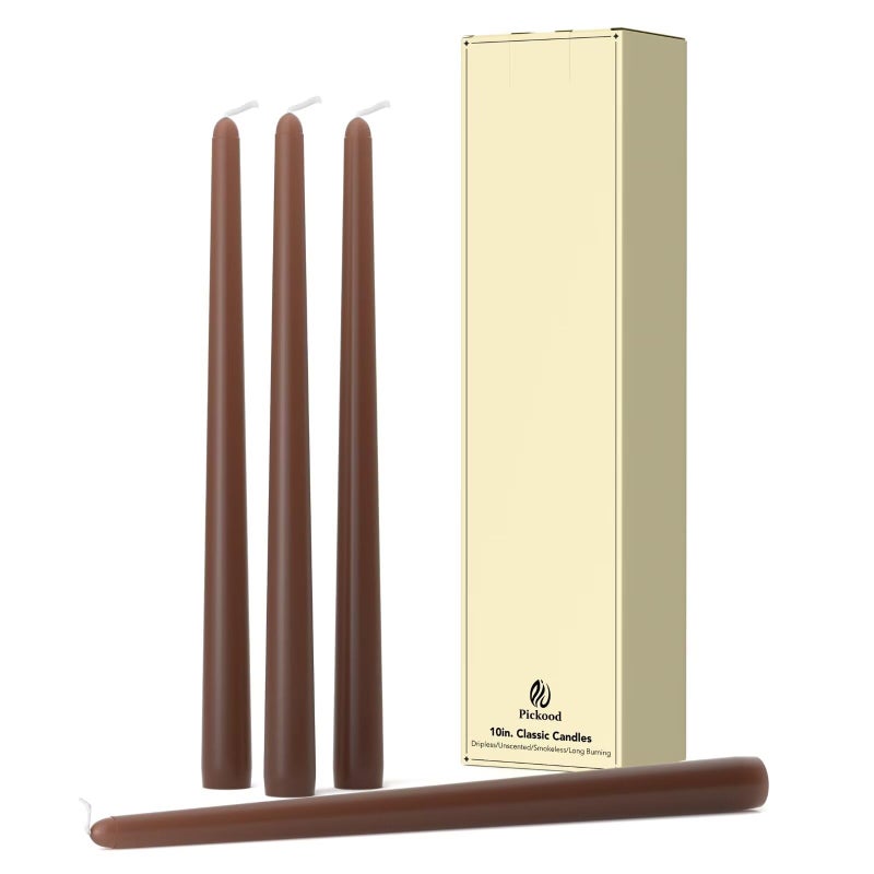 Pickood 10-Inch Tall Dripless Taper Candles Set Of 4 - Cocoa Brown Tapered Candles  Perfect For Spring - Smokeless  Unscented  Long Burning - Hand Poured  Colored Tall Candlesticks - Chocolates - Image 1