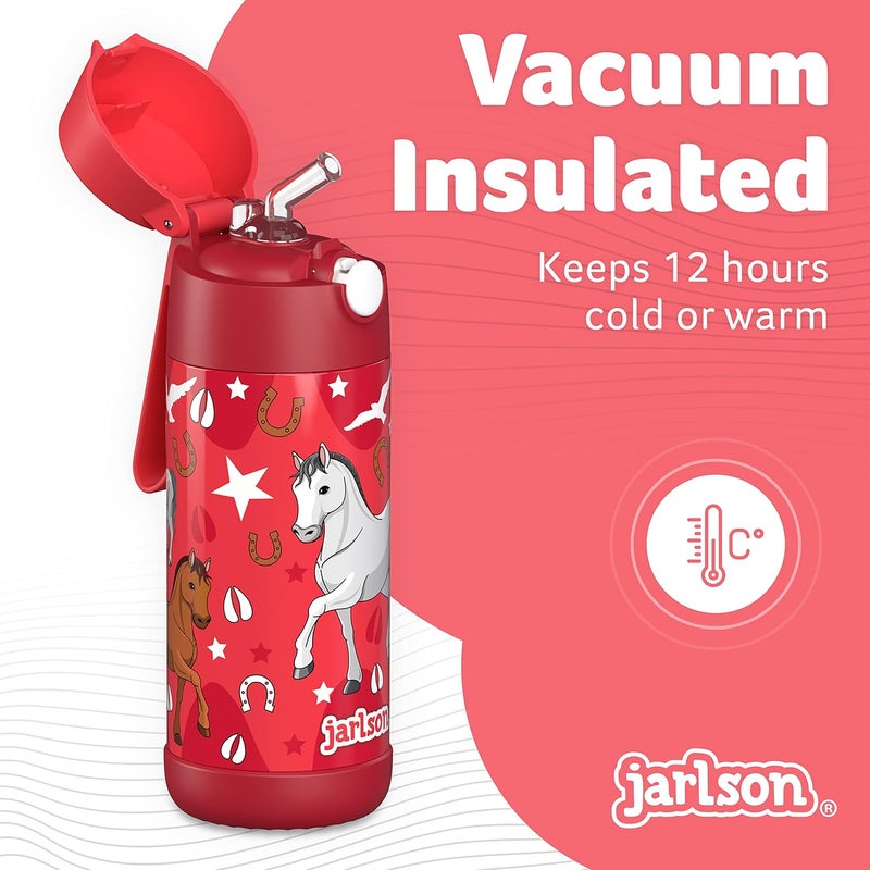 Jarlson جارلسون - قارورة مياه أطفال فولاذية مقاومة للصدأ – 350 مل – خالية من BPA – م�� قشة – للمدرسة والرياضة ورياض الأطفال (حصان، 350 مل) - Image 2
