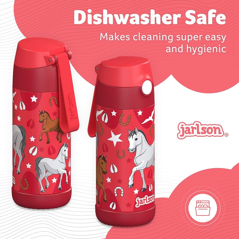 Jarlson جارلسون - قارورة مياه أطفال فولاذية مقاومة للصدأ – 350 مل – خالية من BPA – م�� قشة – للمدرسة والرياضة ورياض الأطفال (حصان، 350 مل) - Image 4