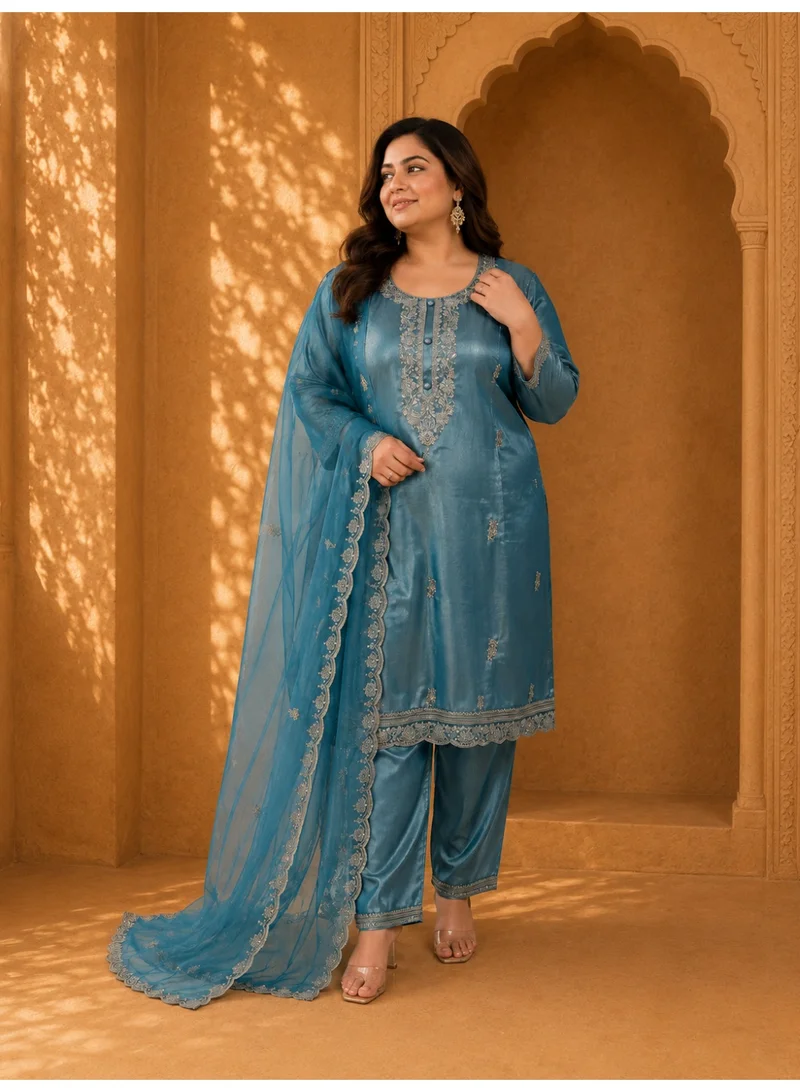 Lehar Women's Plus Size Teal Blue Embroidered Silk-Blend Kurta Set with Net Dupatta