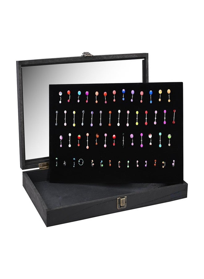 MOOCA Temper Glass Top Jewelry Display Case with Tempered Glass Lid and 54 Clip Body Jewelry Showcase Display Pad for Belly Button Rings, Tongue Rings, and Industrial Barbell Organizer, Black Color - Image 4