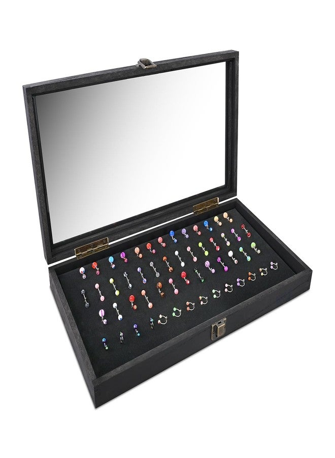 MOOCA Temper Glass Top Jewelry Display Case with Tempered Glass Lid and 54 Clip Body Jewelry Showcase Display Pad for Belly Button Rings, Tongue Rings, and Industrial Barbell Organizer, Black Color - Image 1