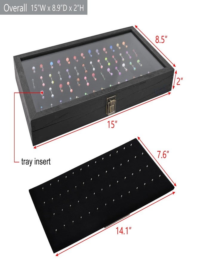 MOOCA Temper Glass Top Jewelry Display Case with Tempered Glass Lid and 54 Clip Body Jewelry Showcase Display Pad for Belly Button Rings, Tongue Rings, and Industrial Barbell Organizer, Black Color - Image 2