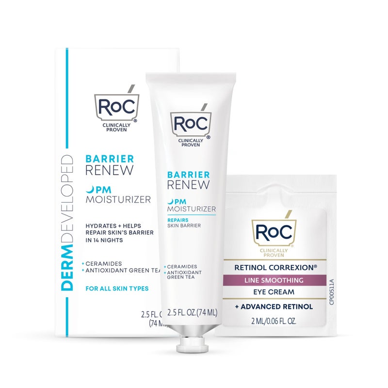 RoC RoC Barrier Renew Night Moisturizer with Ceramides  Antioxidant Green Tea and Lipo Peptides to Renew Skin Barrier 25 oz with Retinol Eye Cream Packette
