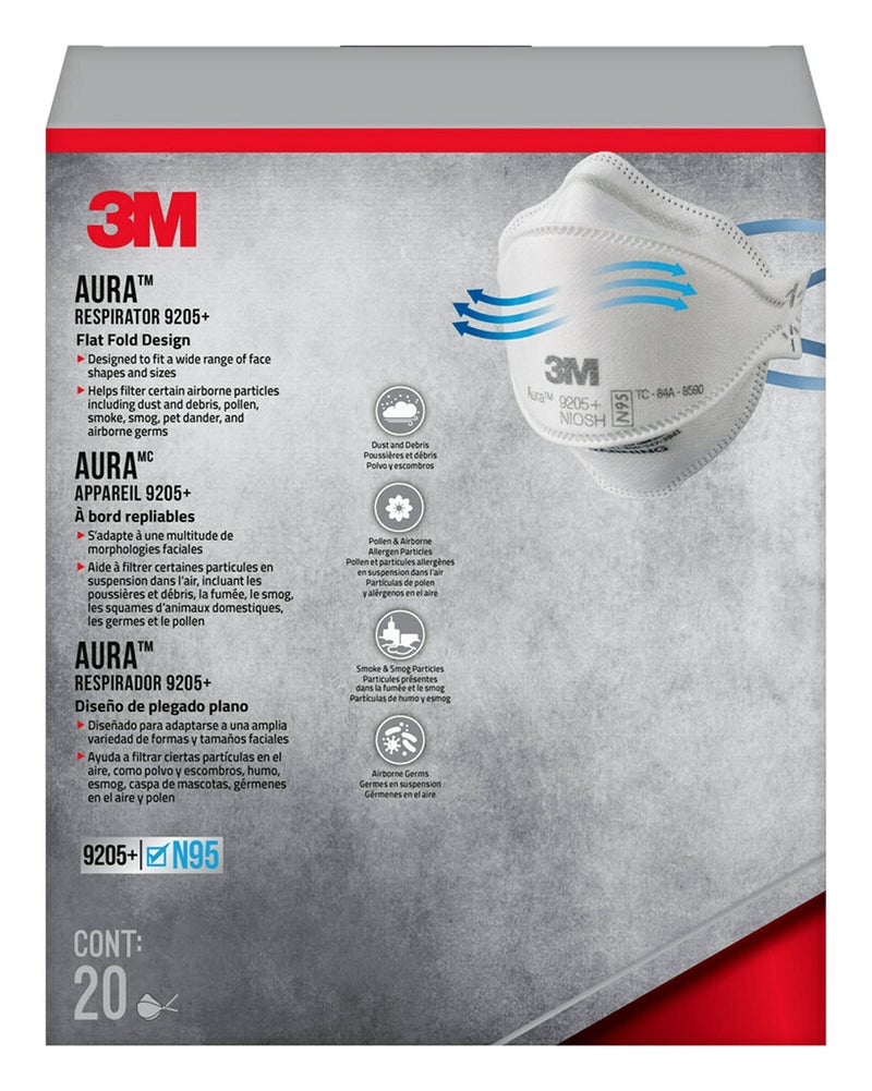 3M Aura Particulate N95 Respirator 9205+, Flat Fold Lightweight Design, Non-Valved, 20 Count (Pack of 1) - Image 2