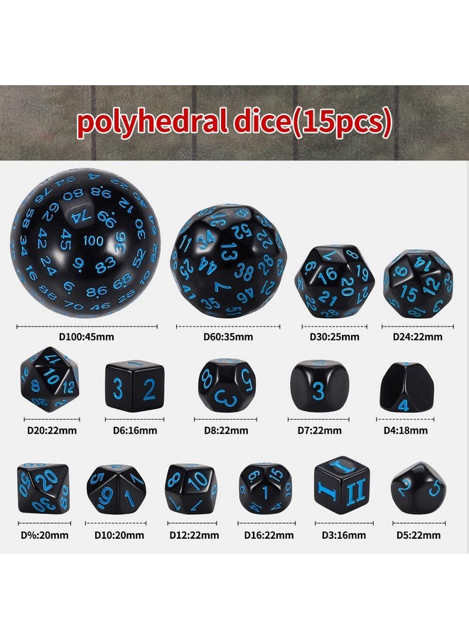 CiaraQ DND Polyhedral Dice Set (15pcs) D4-D100 Game Dice with Dice Bag for Dungeons and Dragons Role Playing Table Games (Black & Blue) - Image 2