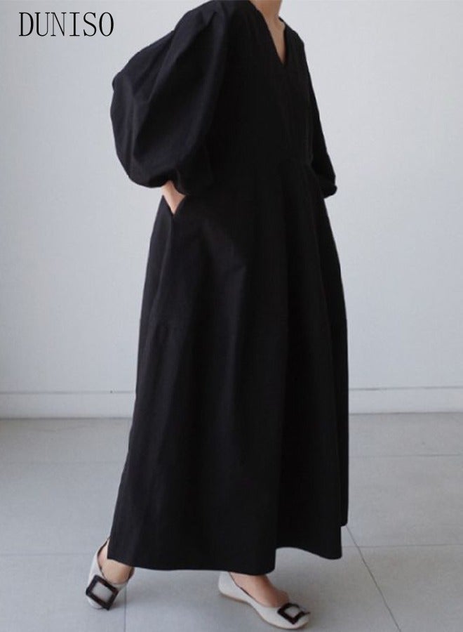 DUNISO Women Elegant Casual Summer Autumn Long Dress V Neck Loose Casual Long Sleeve Maxi Dress Long Cardigan Cover Ups Shirt Dresses - Image 5