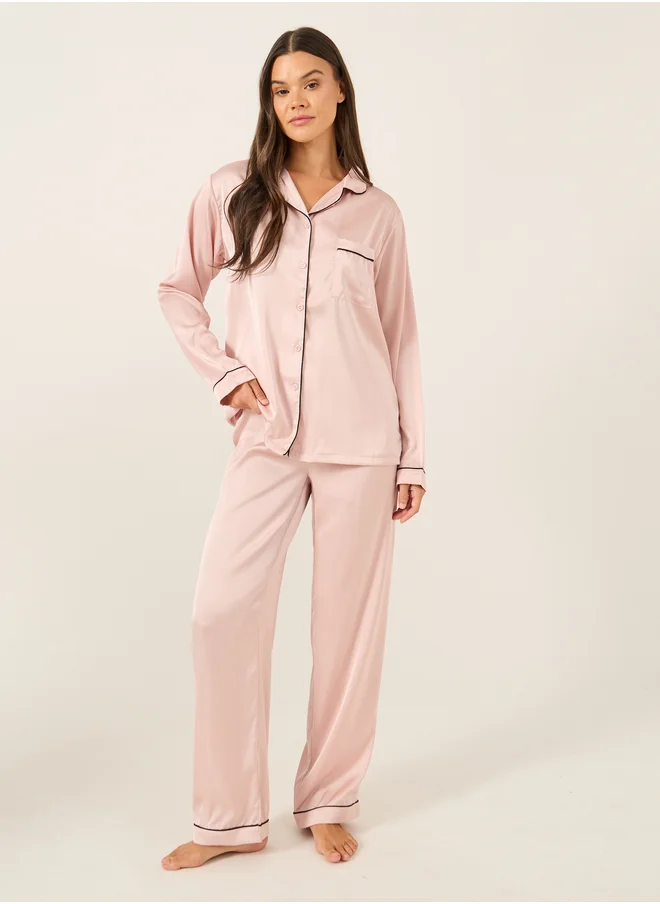 Styli Piped Detail Matte Satin Long Sleeve Pocket Shirt and Pyjama Set