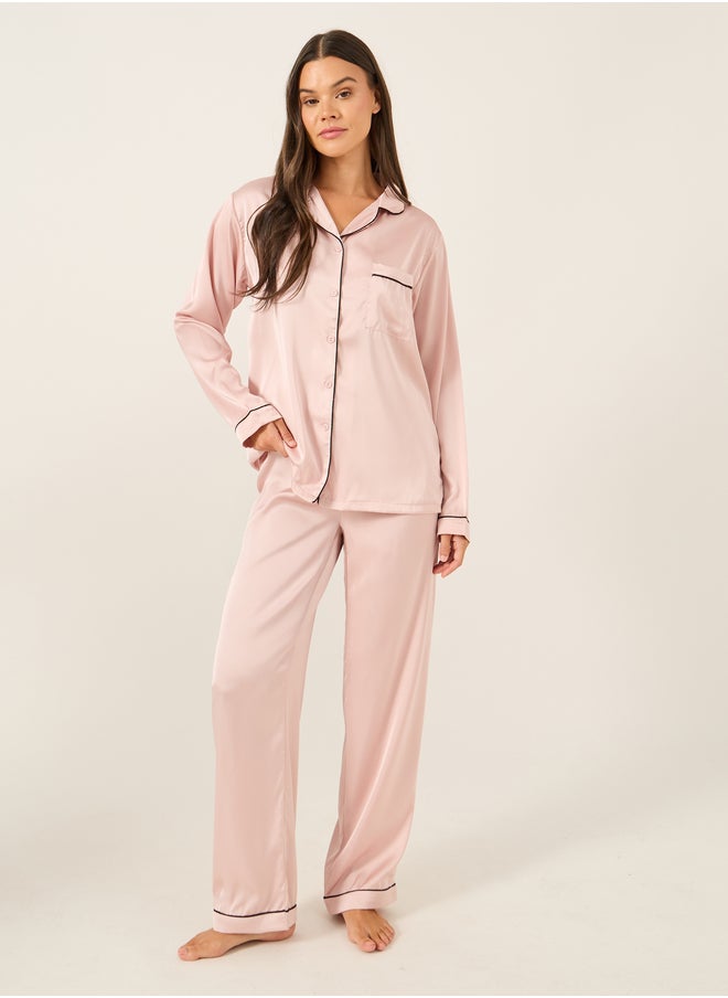 Styli Piped Detail Matte Satin Long Sleeve Pocket Shirt and Pyjama Set  - Image 2
