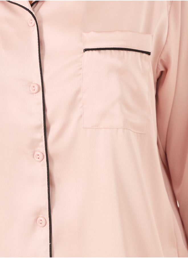 Styli Piped Detail Matte Satin Long Sleeve Pocket Shirt and Pyjama Set  - Image 4