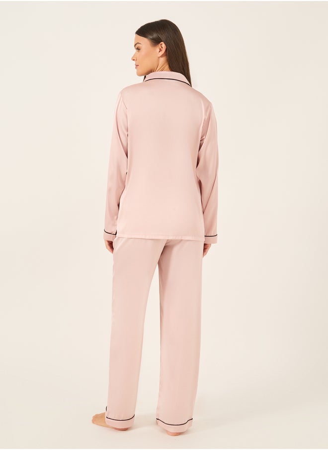Styli Piped Detail Matte Satin Long Sleeve Pocket Shirt and Pyjama Set  - Image 5