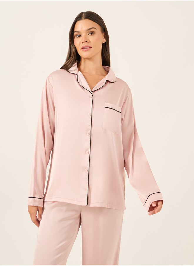 Styli Piped Detail Matte Satin Long Sleeve Pocket Shirt and Pyjama Set  - Image 3