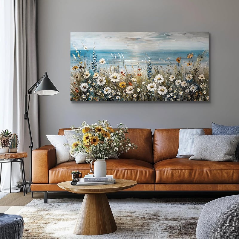 EMODA لوحة فنية جدارية مؤطرة من قماش الزهور الساحلية (60×120 سم) - لوحة زهور برية على الشاطئ | لوحة فنية جدارية مؤطرة كبيرة من قماش الزهور بحجم 60×120 سم، ديكور منزلي عصري لغرفة المعيشة وغرفة النوم والمكتب | جودة ممتازة، جاهزة للتركيب - Image 2