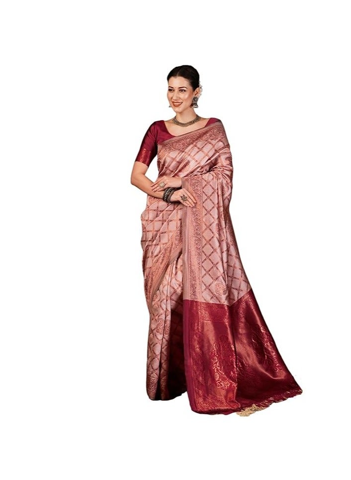 مملكة الإكسسوارات ساري كانجيفارام الناعم من قماش جاكار باناراسي النسائي مع قطعة بلوزة غير مخيطة - Image 1