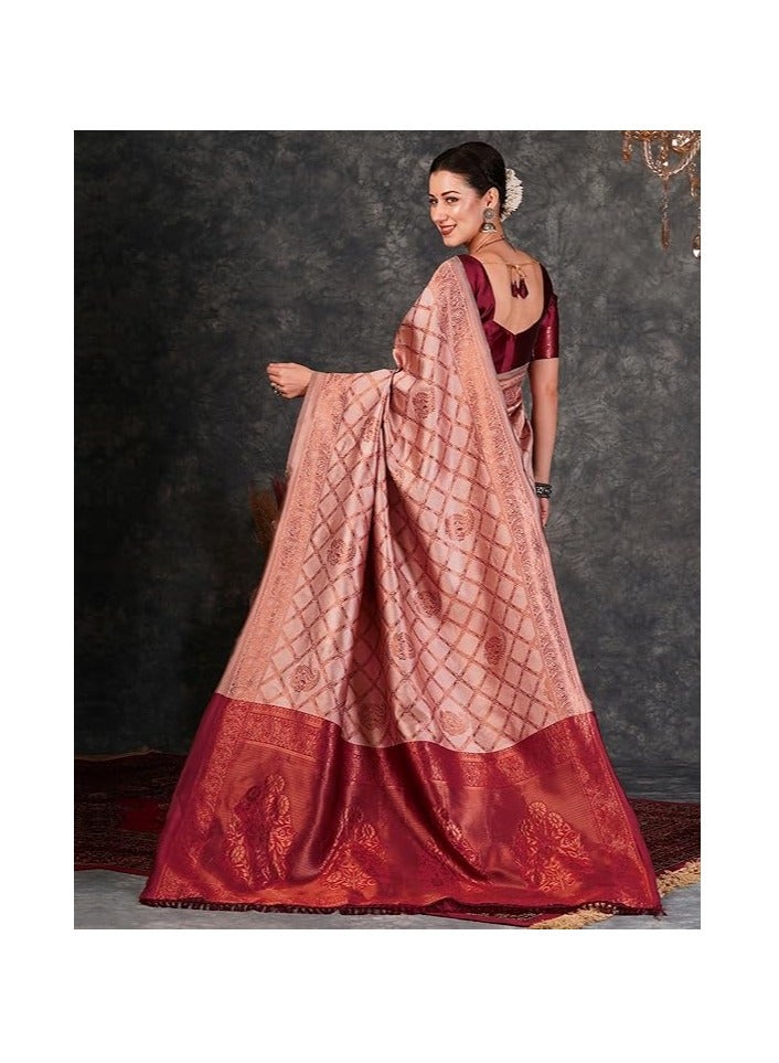 مملكة الإكسسوارات ساري كانجيفارام الناعم من قماش جاكار باناراسي النسائي مع قطعة بلوزة غير مخيطة - Image 2