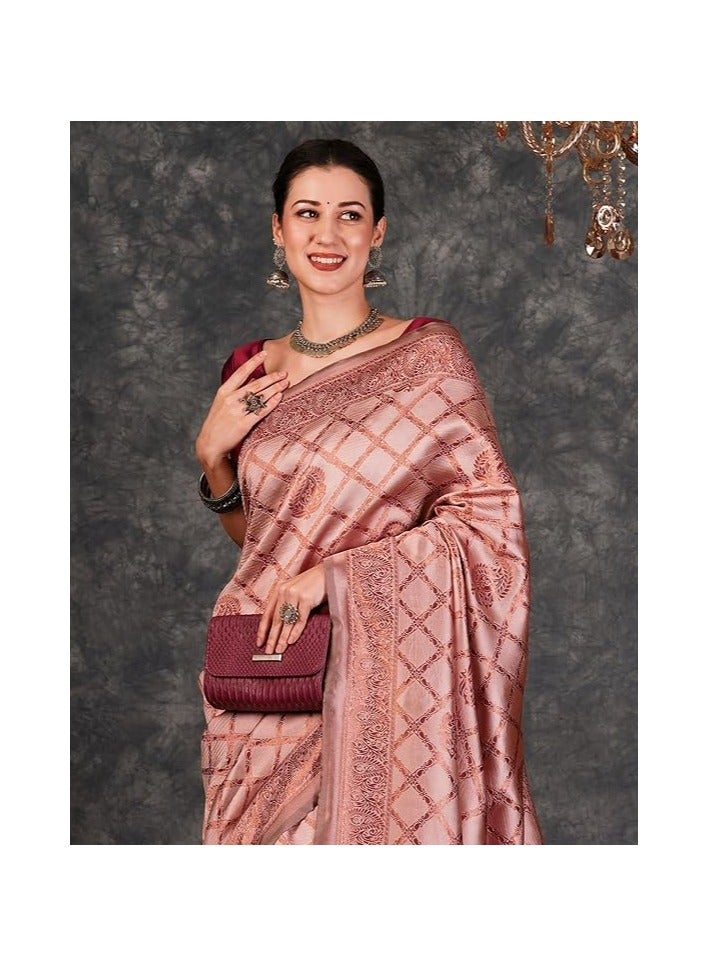 مملكة الإكسسوارات ساري كانجيفارام الناعم من قماش جاكار باناراسي النسائي مع قطعة بلوزة غير مخيطة - Image 3