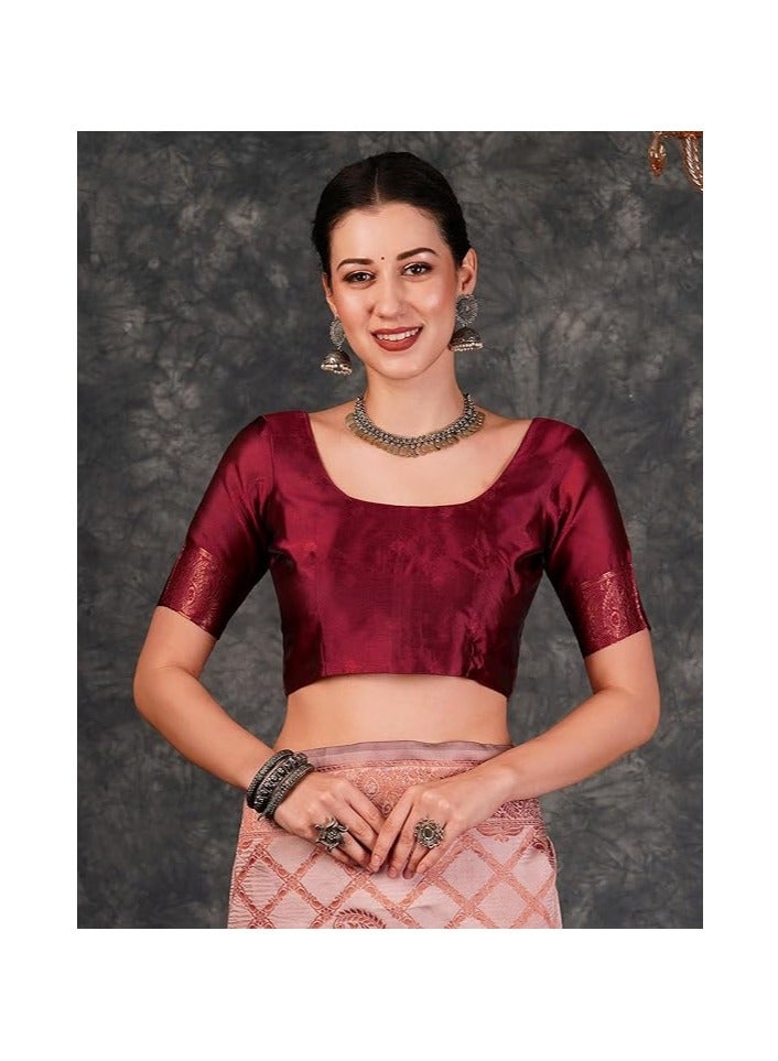 مملكة الإكسسوارات ساري كانجيفارام الناعم من قماش جاكار باناراسي النسائي مع قطعة بلوزة غير مخيطة - Image 4