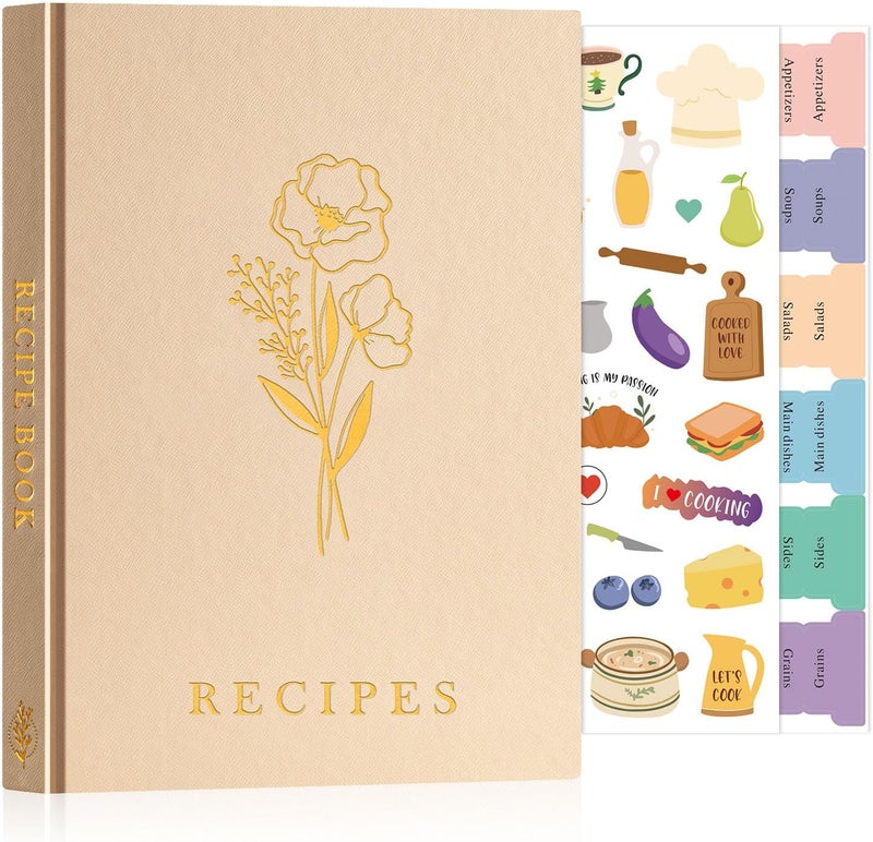 Lanpn Blank Recipe Book Cookbook to Write in Your Own Recipes, A5 Leather Cover Waterproof Empty Cooking Journal for 70 Recipes, Recipe Notebook with Stickers to Organize Your Family Recipes, Oat - Image 1