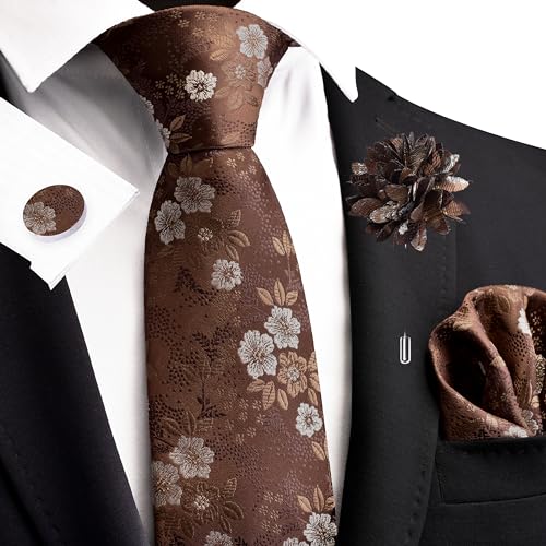 GUSLESON Brown Mens Floral Wedding Necktie Pocket Square Cufflinks and Lapel Pin Brooch Set (IN6107-26) - Image 2