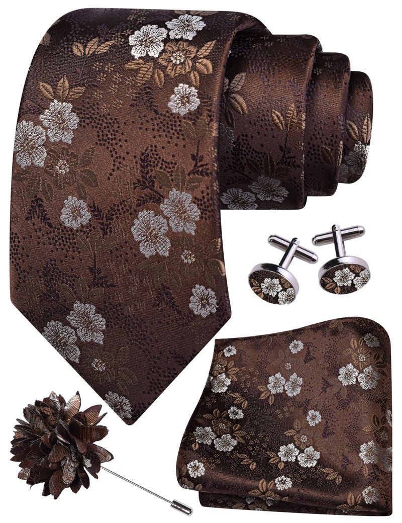 GUSLESON Brown Mens Floral Wedding Necktie Pocket Square Cufflinks and Lapel Pin Brooch Set (IN6107-26) - Image 1