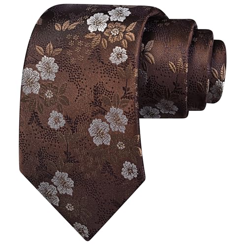 GUSLESON Brown Mens Floral Wedding Necktie Pocket Square Cufflinks and Lapel Pin Brooch Set (IN6107-26) - Image 3